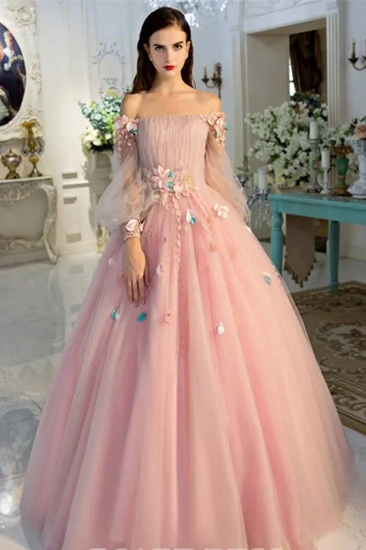 Off-the-Shoulder Long Sleeves Ball Quinceanera With Flowers Prom Dress