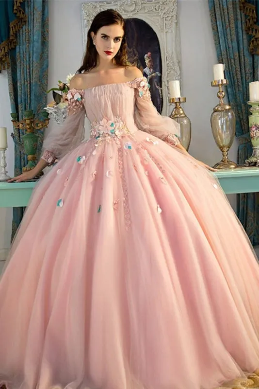 Off-the-Shoulder Long Sleeves Ball Quinceanera With Flowers Prom Dress