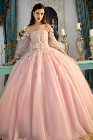 Off-the-Shoulder Long Sleeves Ball Quinceanera With Flowers Prom Dress