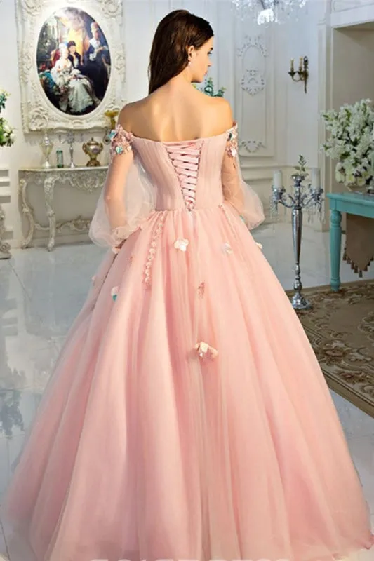 Off-the-Shoulder Long Sleeves Ball Quinceanera With Flowers Prom Dress