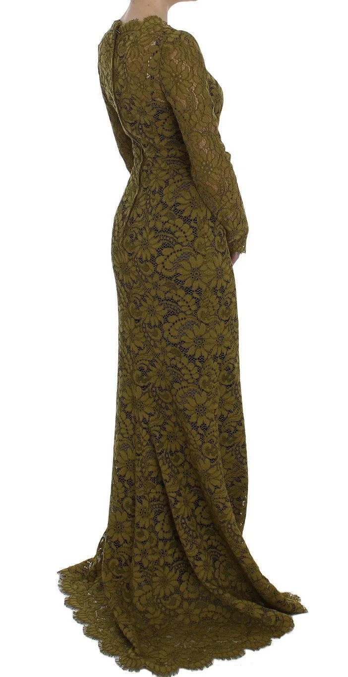 Olive Green Floral Lace Ricamo Maxi Dress