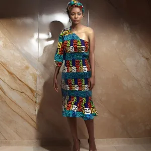 One-Shoulder African Print Midi Dress