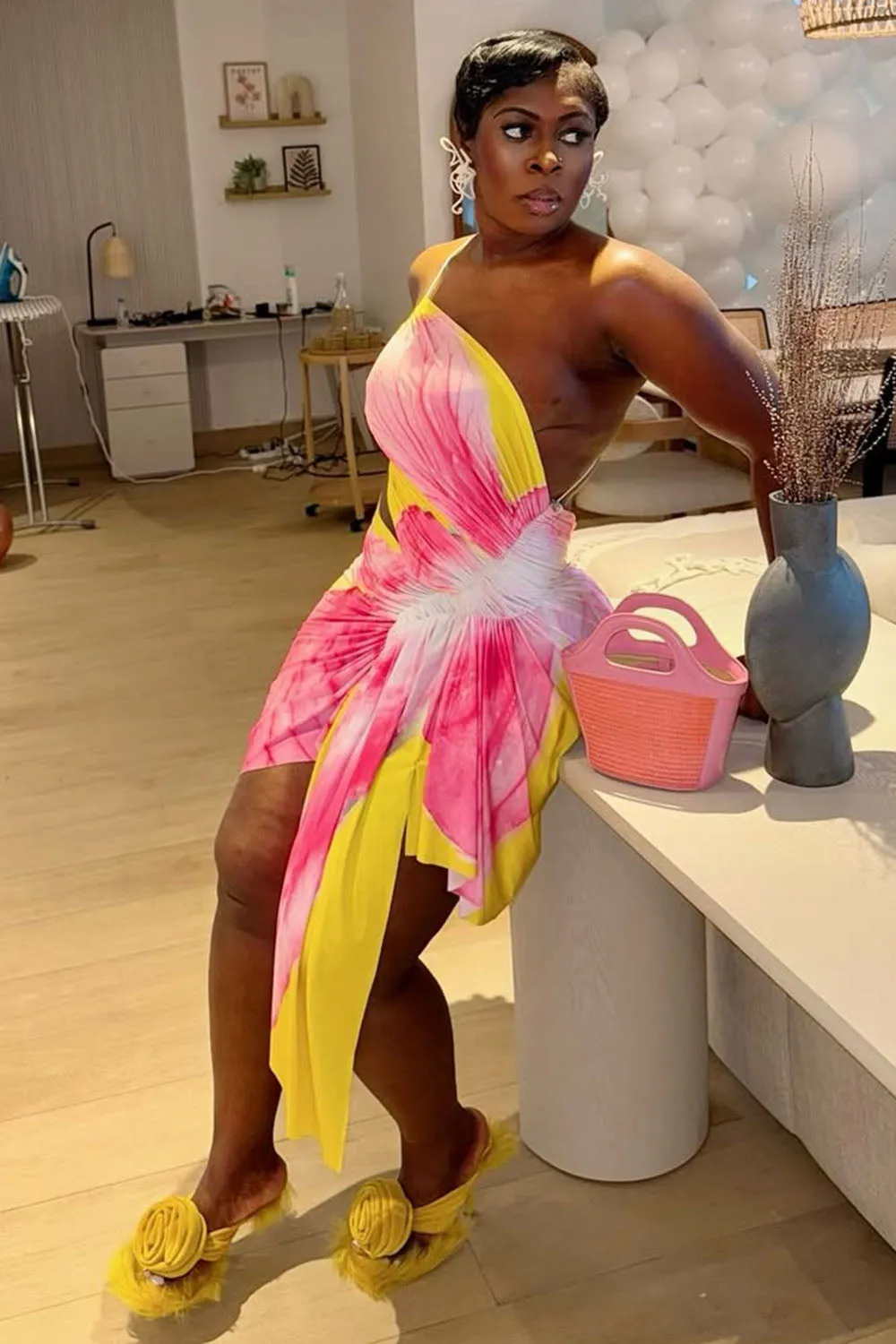 One Shoulder Cami Ruched Sash Print Party Mini Dresses-Pink [Pre Order]