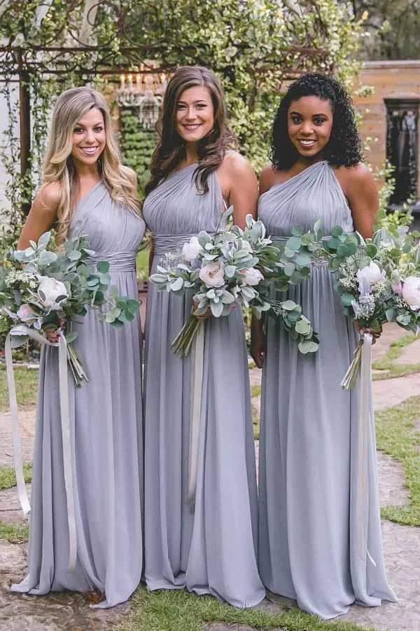 One-Shoulder Floor-Length Open Back Grey Bridesmaid Dress BD037