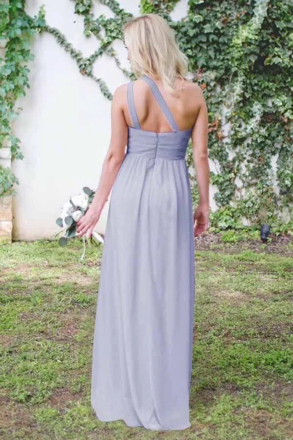One-Shoulder Floor-Length Open Back Grey Bridesmaid Dress BD037
