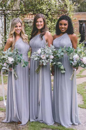 One-Shoulder Floor-Length Open Back Grey Bridesmaid Dress BD037