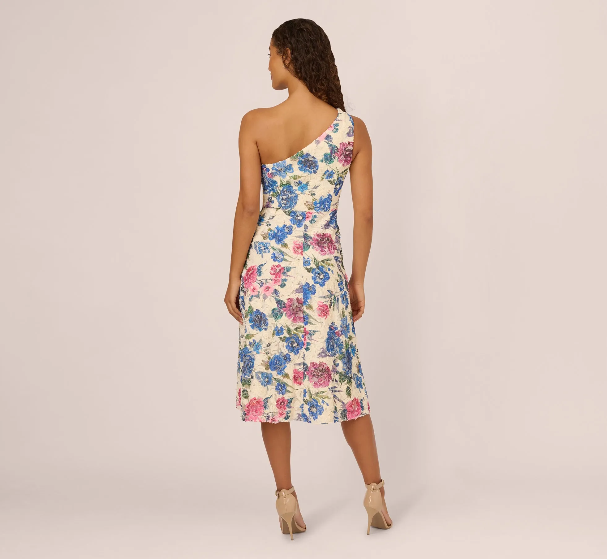 One Shoulder Floral Soutache Midi Dress In Alabaster Multi