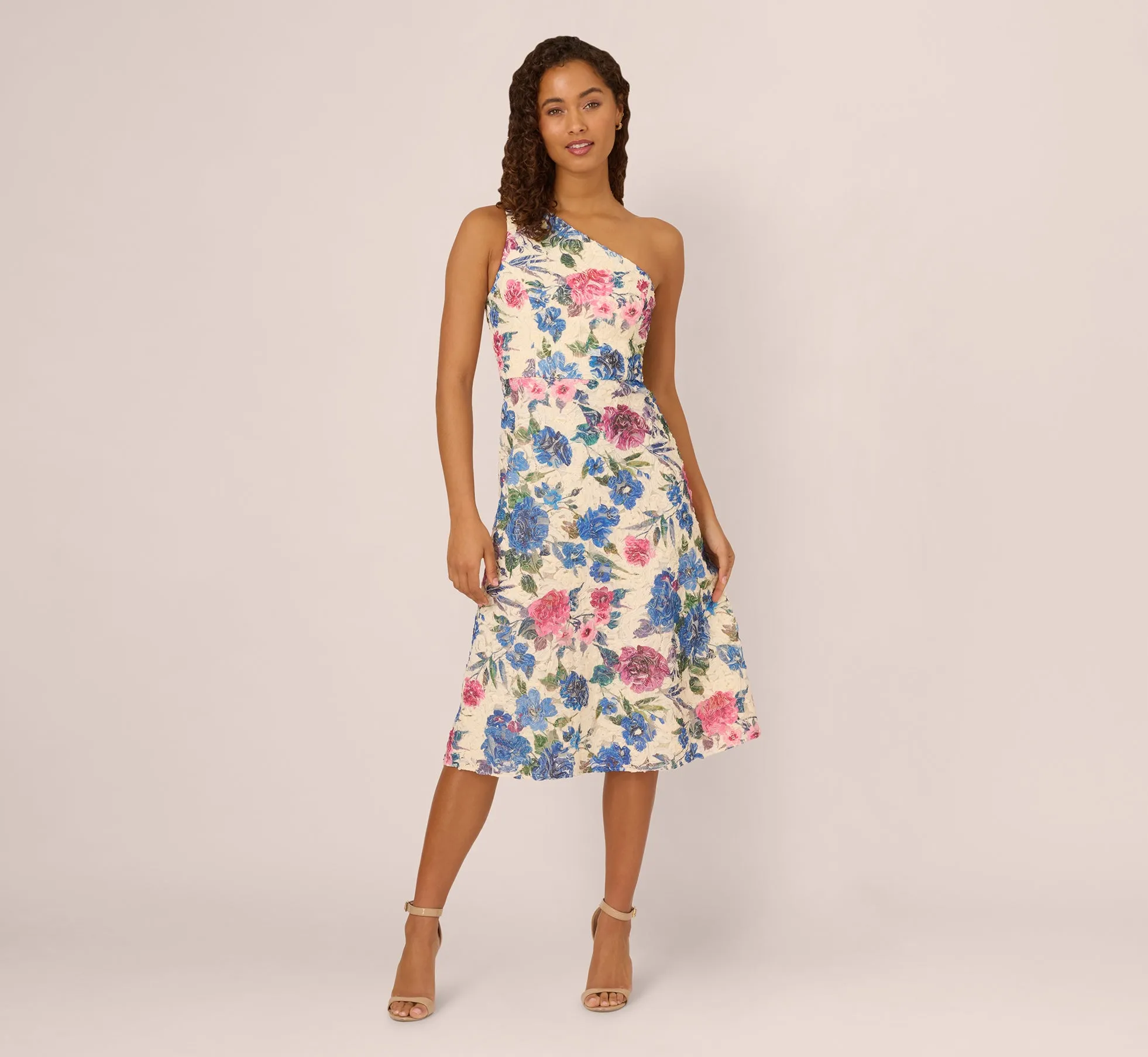 One Shoulder Floral Soutache Midi Dress In Alabaster Multi