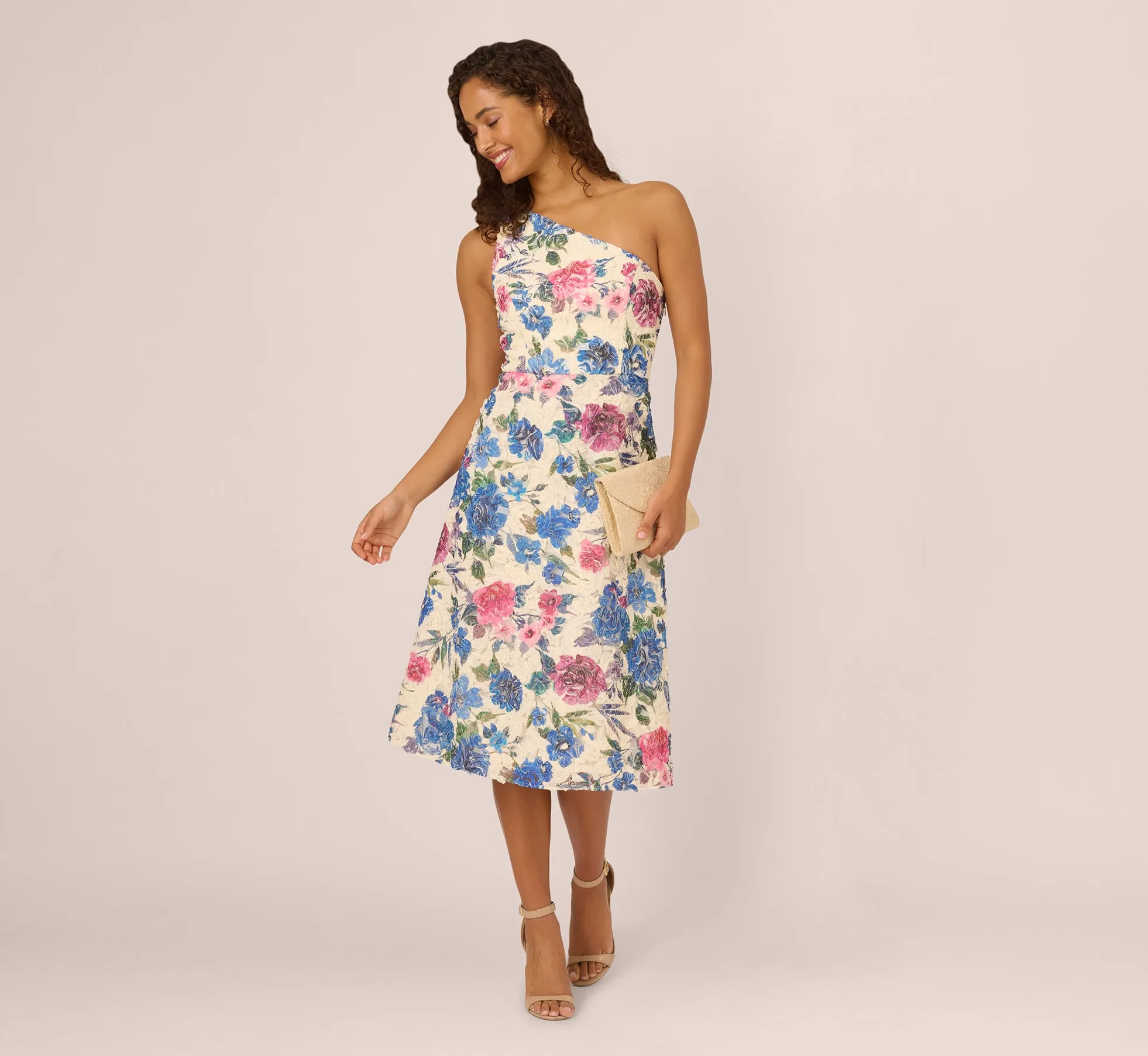 One Shoulder Floral Soutache Midi Dress In Alabaster Multi