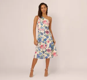 One Shoulder Floral Soutache Midi Dress In Alabaster Multi