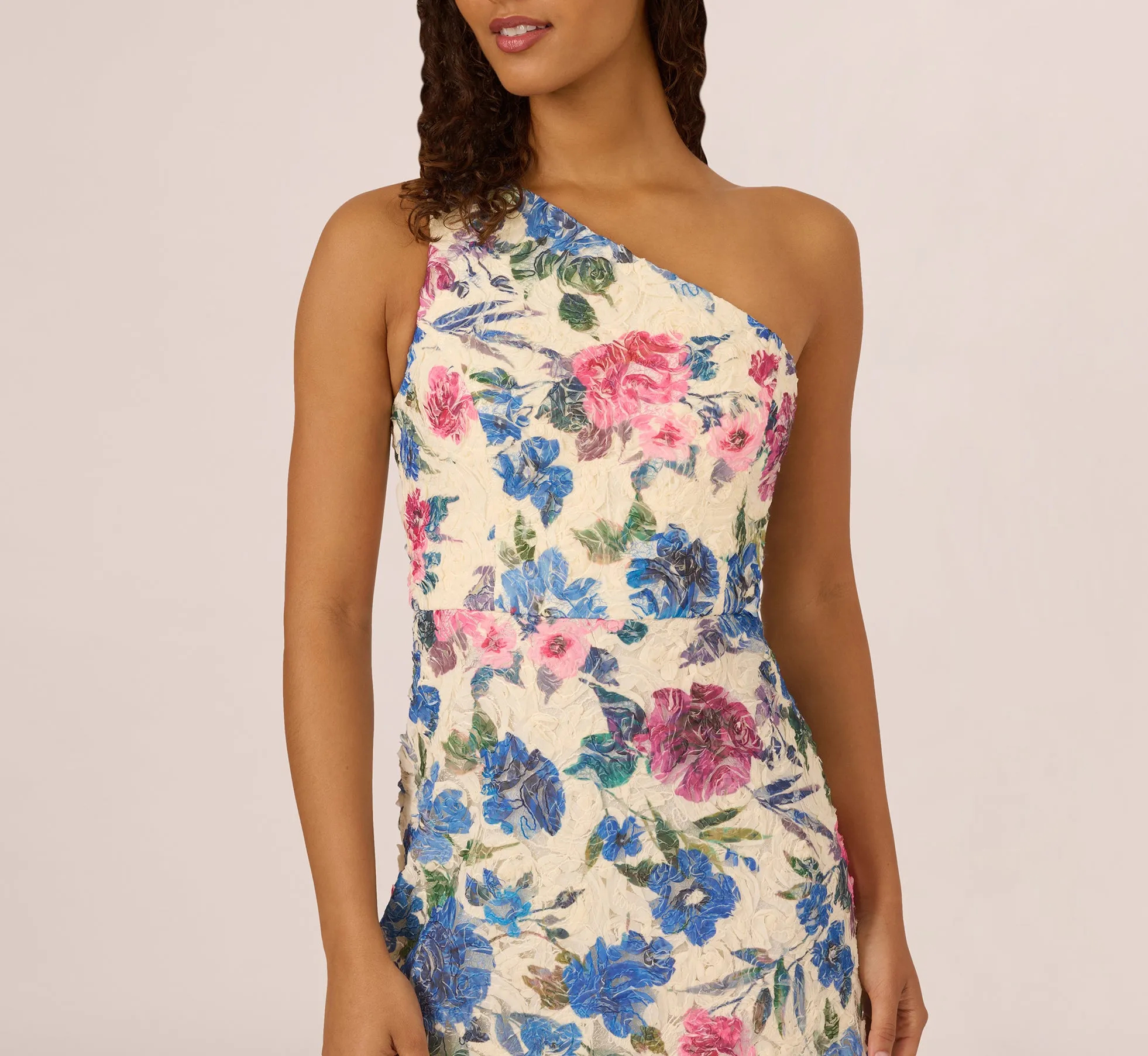 One Shoulder Floral Soutache Midi Dress In Alabaster Multi