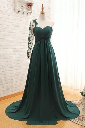 One Shoulder Long Sleeve A Line Dagreen Prom Dress