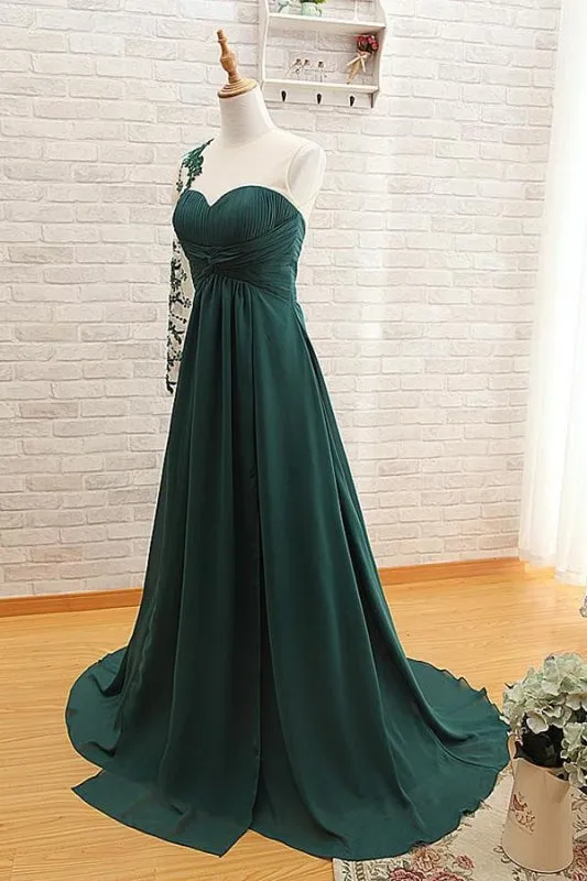 One Shoulder Long Sleeve A Line Dagreen Prom Dress