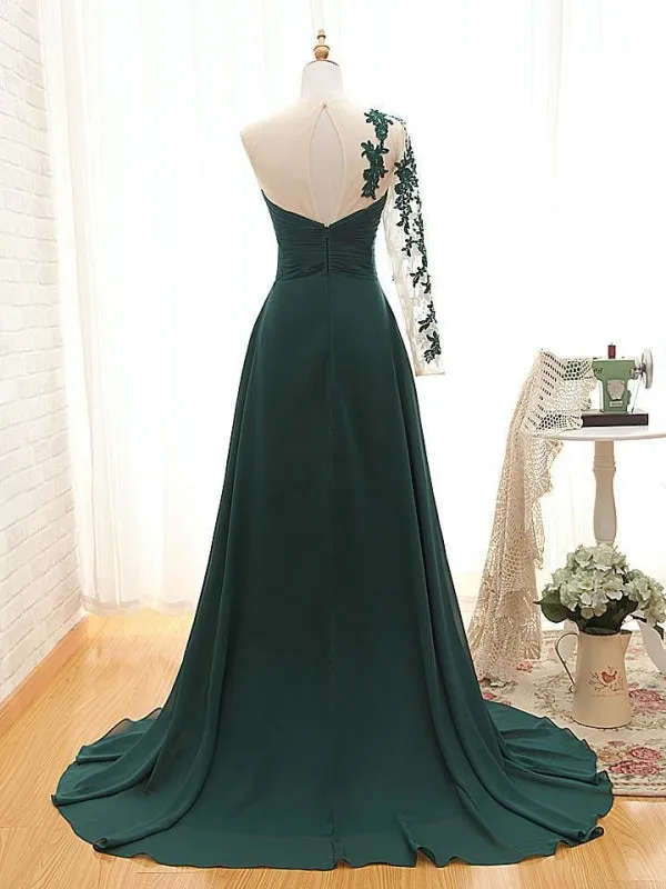 One Shoulder Long Sleeve A Line Dagreen Prom Dress