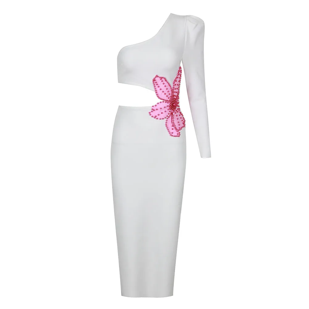 One Shoulder Pearl Midi Bandage Dress HL9407