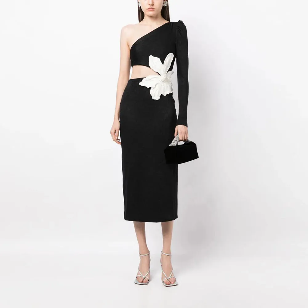 One Shoulder Pearl Midi Bandage Dress HL9407