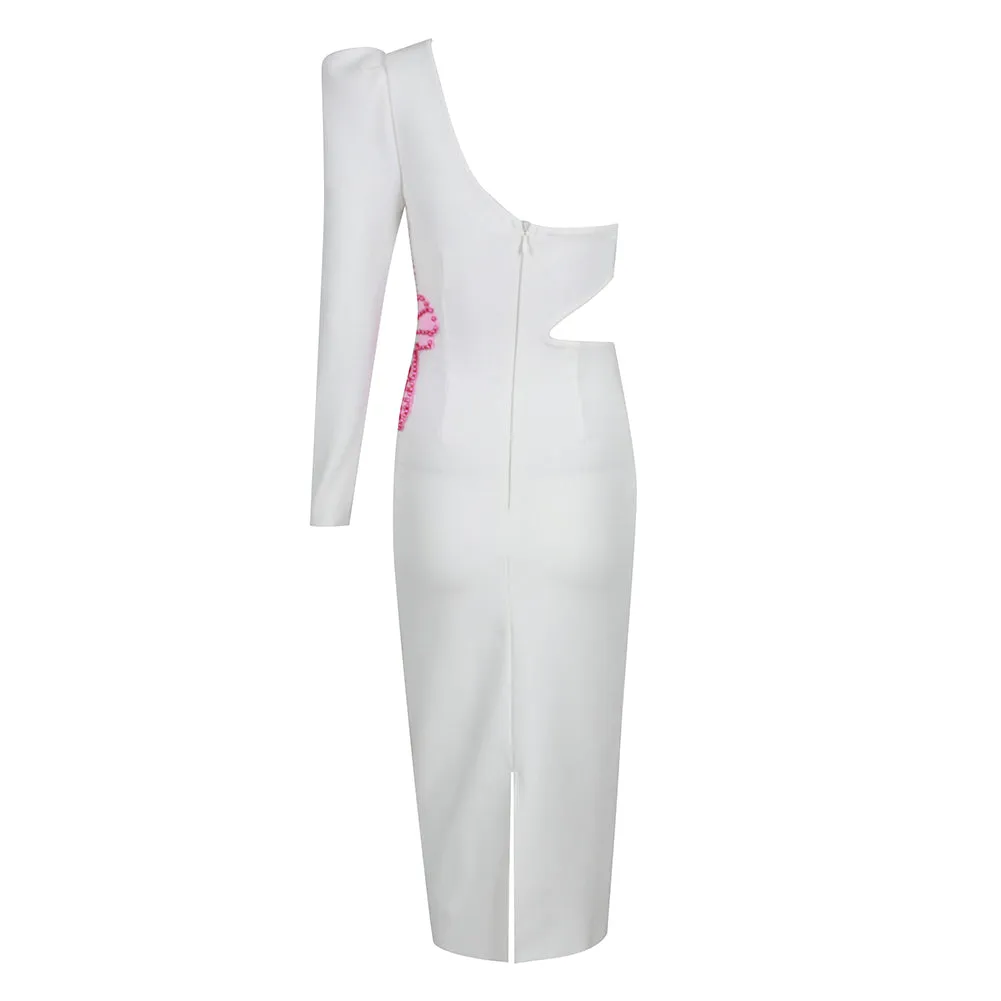 One Shoulder Pearl Midi Bandage Dress HL9407