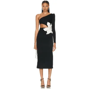 One Shoulder Pearl Midi Bandage Dress HL9407