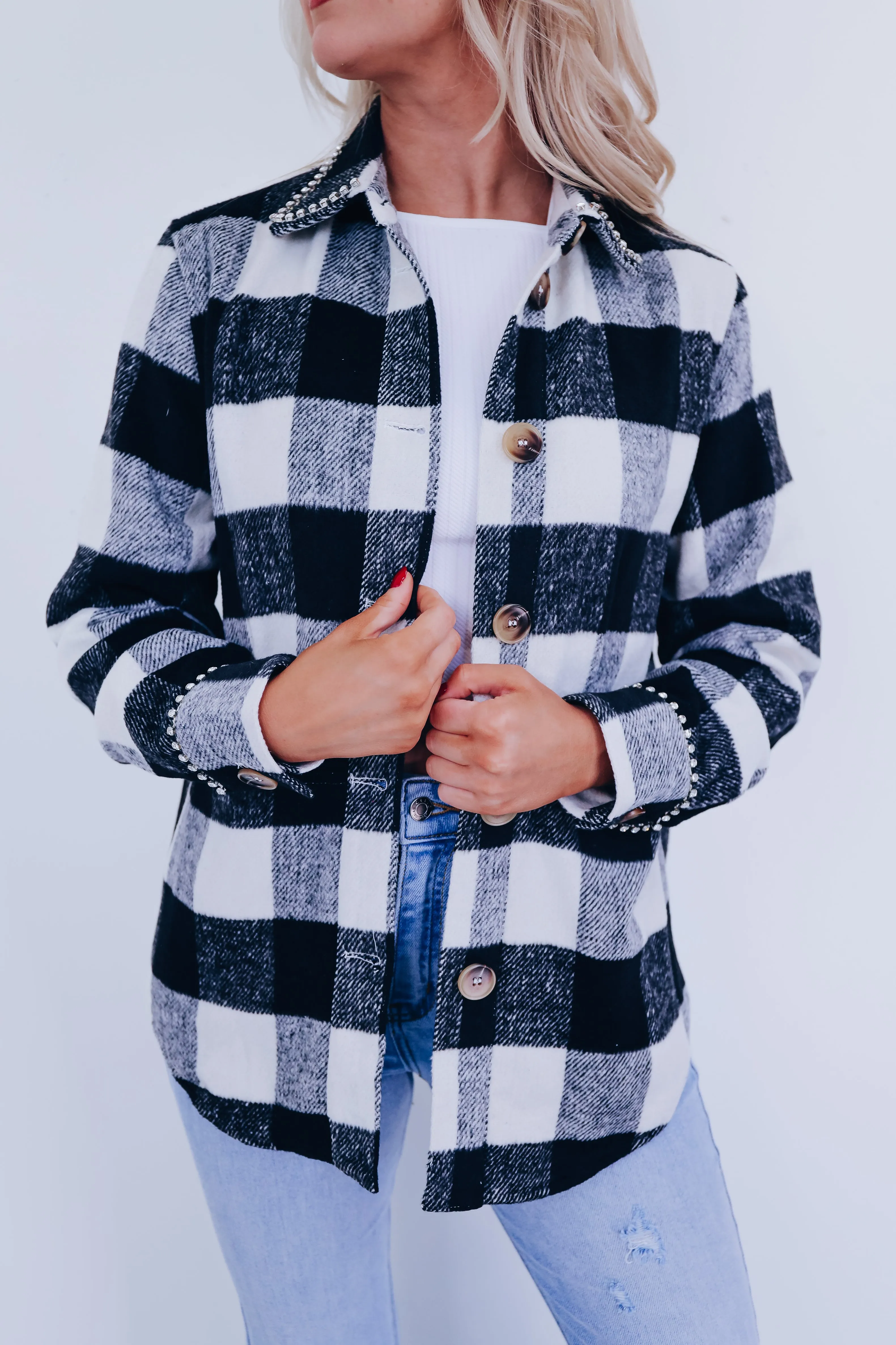 Paris Plaid Flannel Rhinestone Jacket - Black
