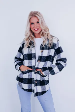 Paris Plaid Flannel Rhinestone Jacket - Black