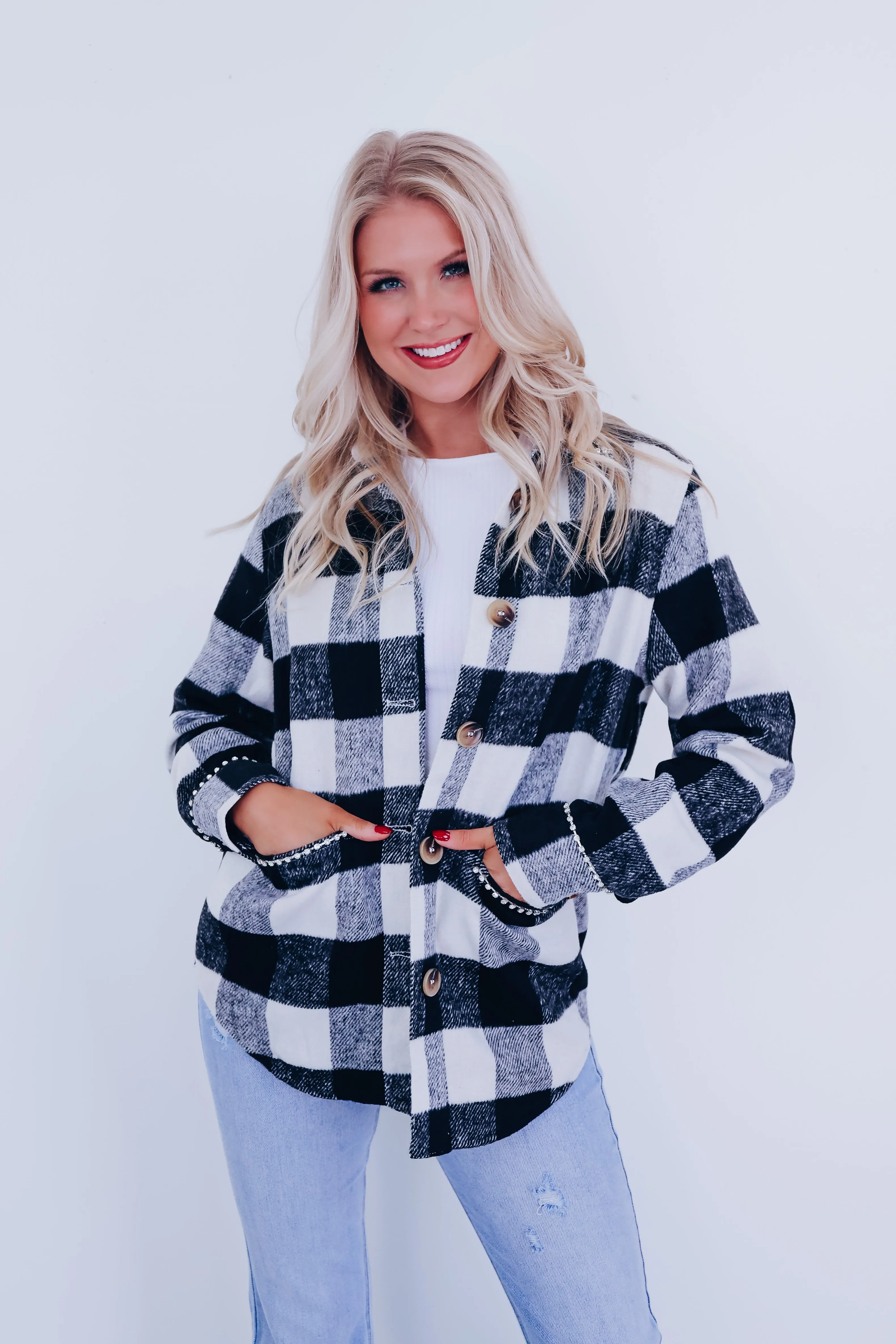 Paris Plaid Flannel Rhinestone Jacket - Black