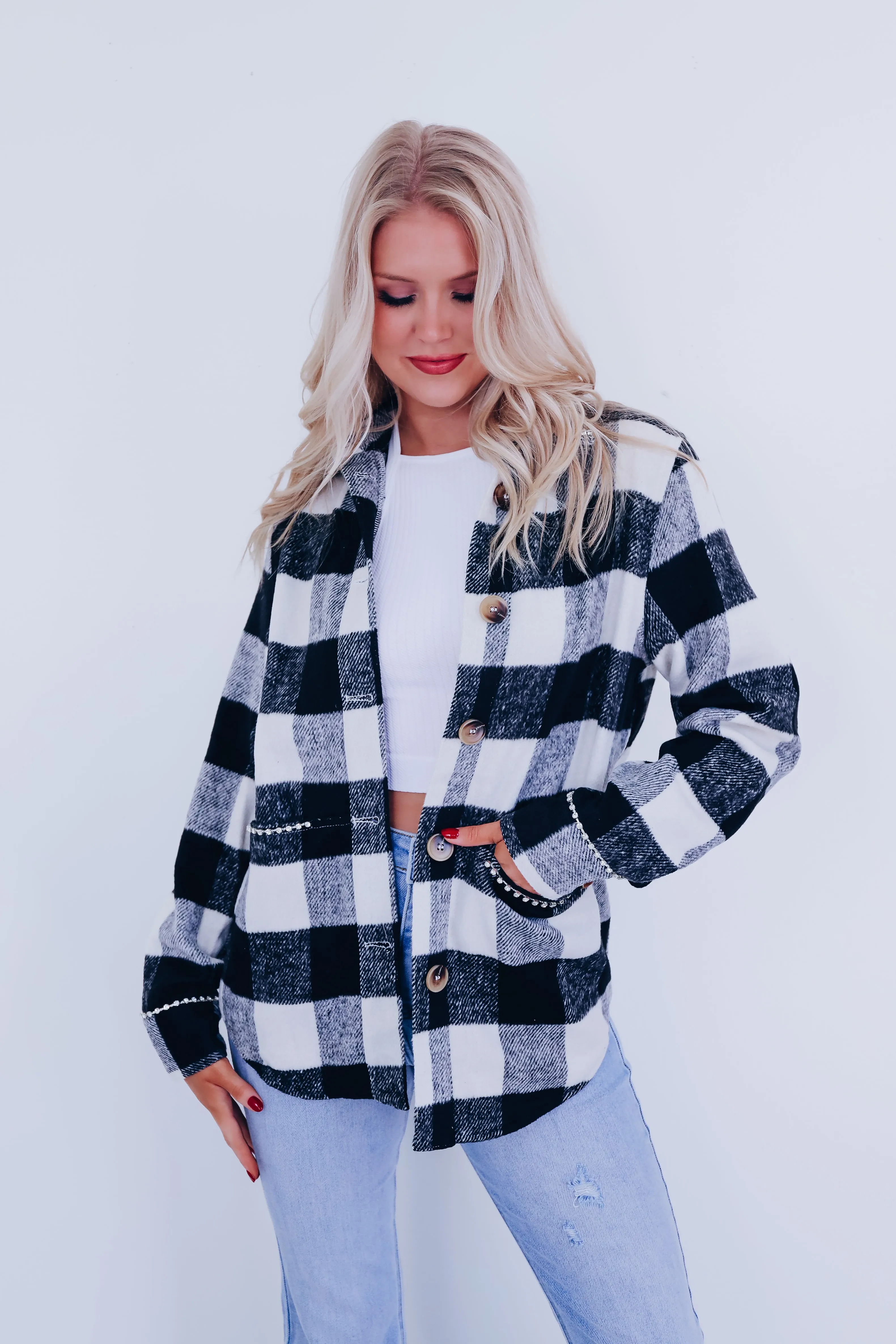 Paris Plaid Flannel Rhinestone Jacket - Black