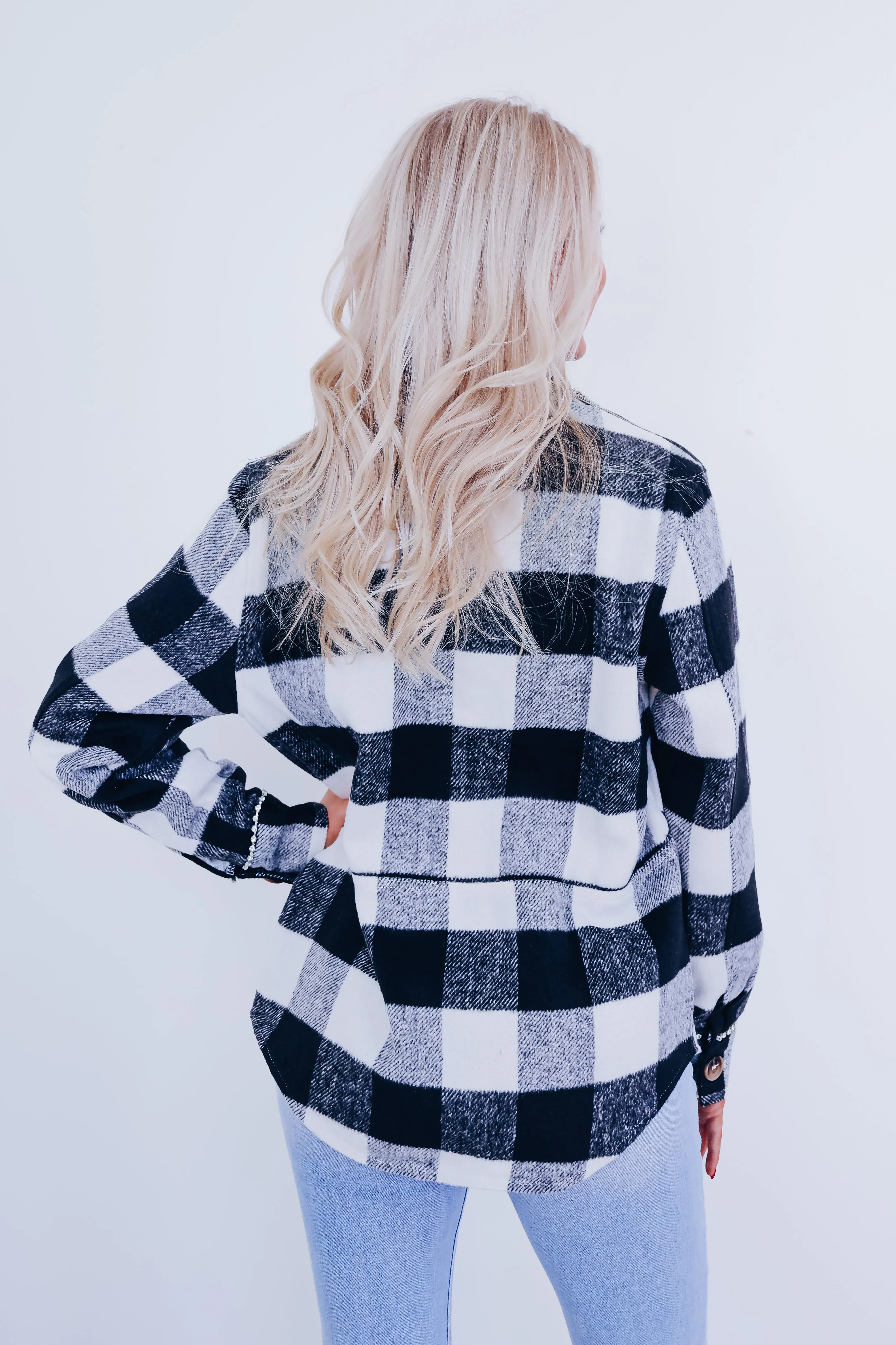 Paris Plaid Flannel Rhinestone Jacket - Black