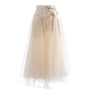 Patchwork Mesh Long Skirts For Female High Waist