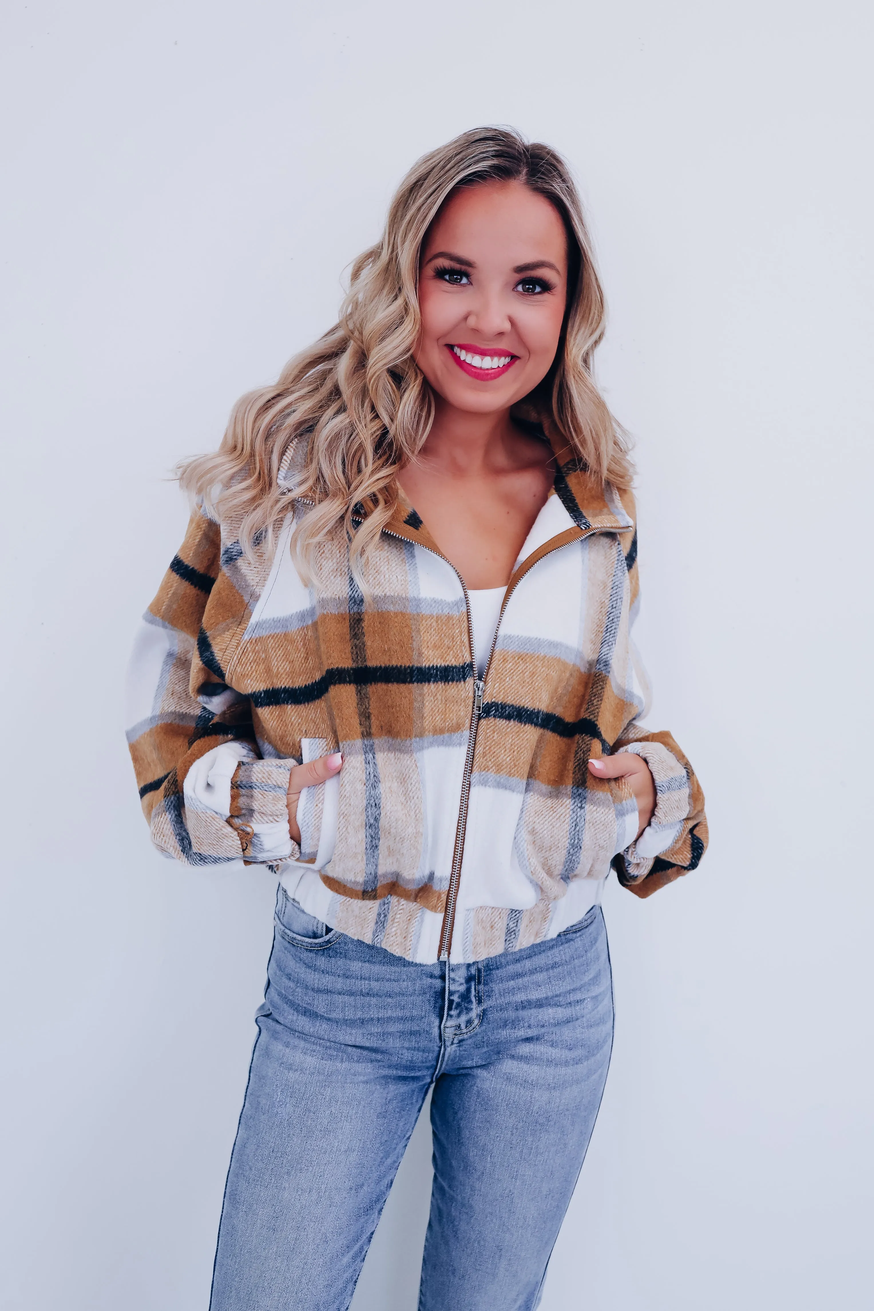 Pia Plaid Raglan Sleeve Cropped Jacket - Brown Multi