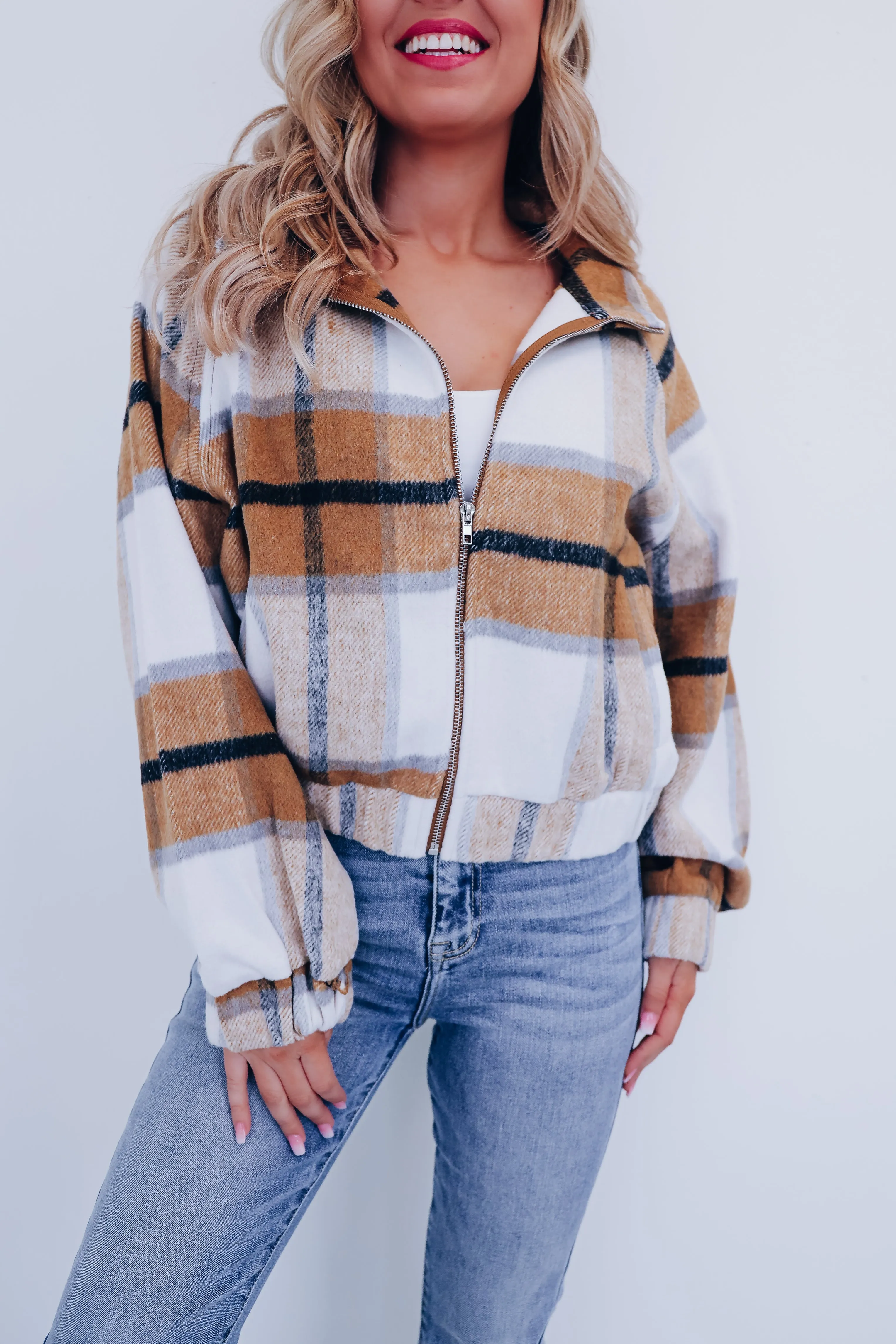 Pia Plaid Raglan Sleeve Cropped Jacket - Brown Multi