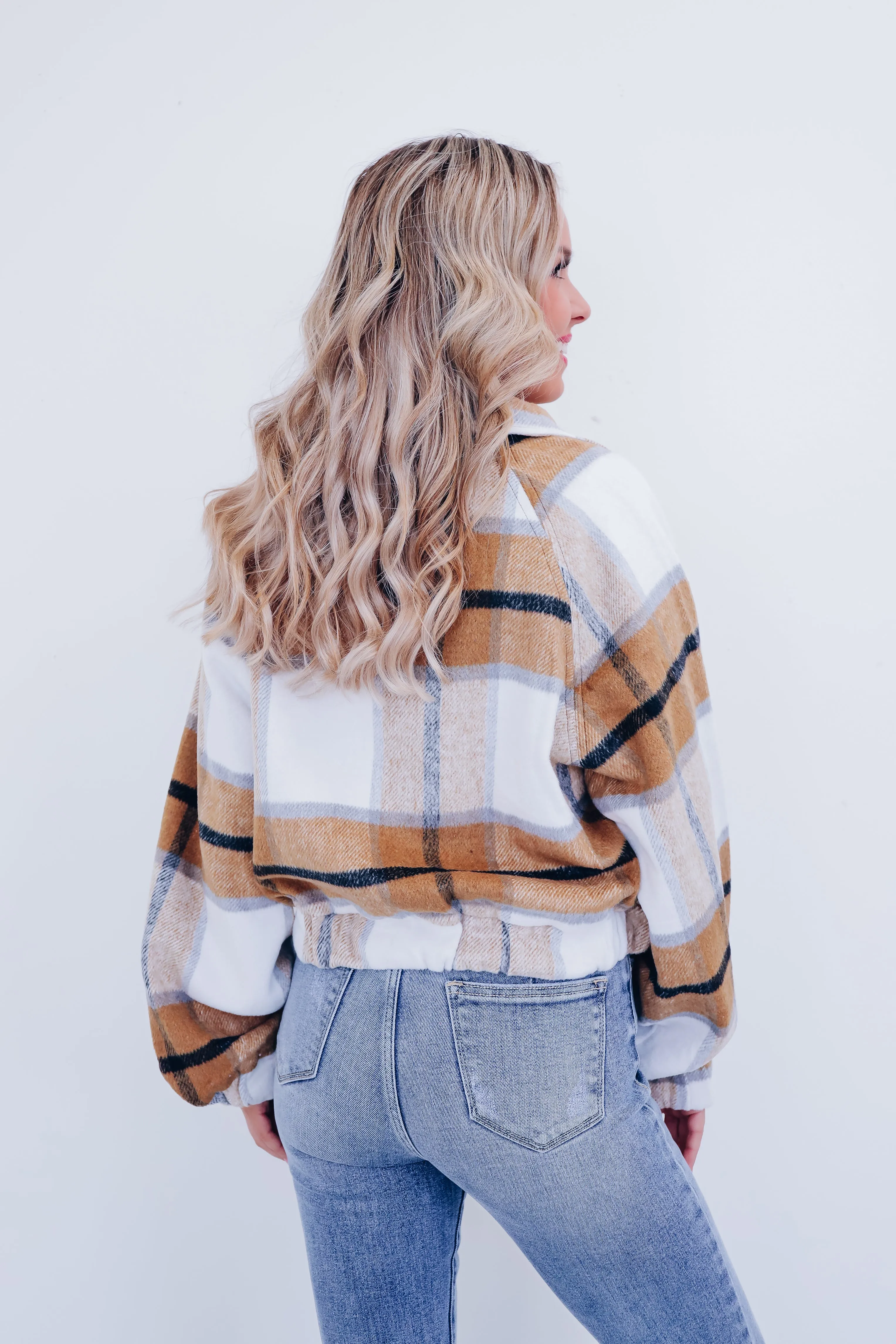 Pia Plaid Raglan Sleeve Cropped Jacket - Brown Multi