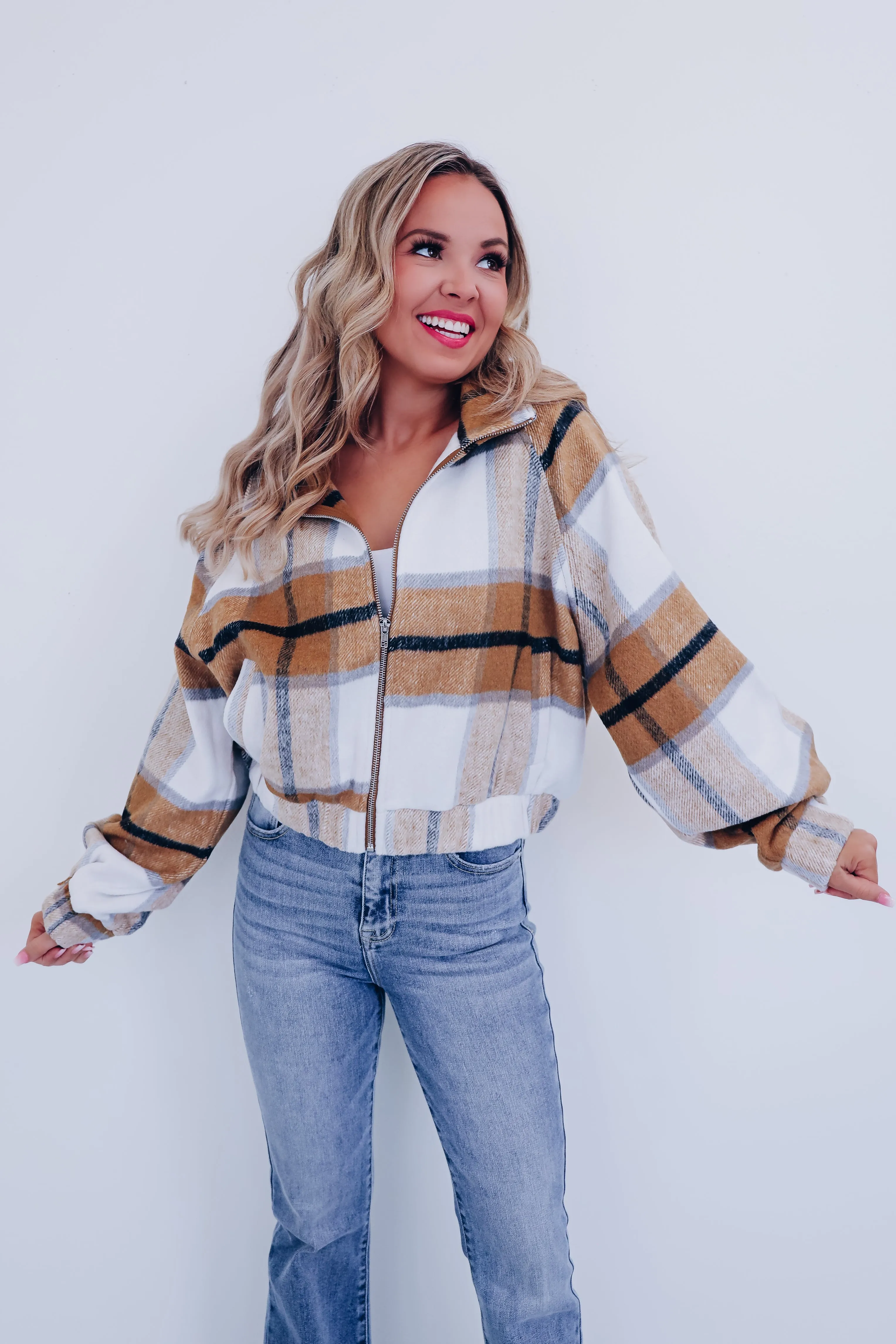 Pia Plaid Raglan Sleeve Cropped Jacket - Brown Multi