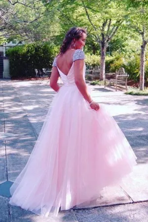 Pink Cap Sleeves A Line Long Prom Dresses with Rhinestones