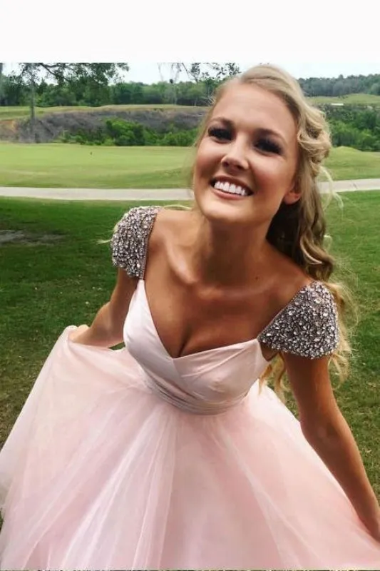 Pink Cap Sleeves A Line Long Prom Dresses with Rhinestones