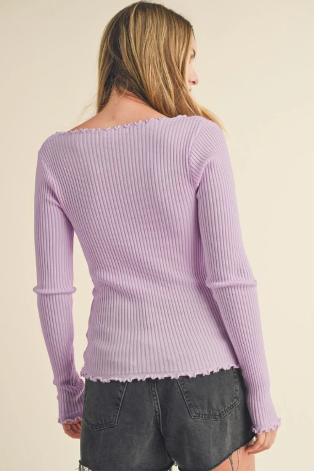 Pink Purple Lettuce Hem Scoop Neck Long Sleeve Knit Top