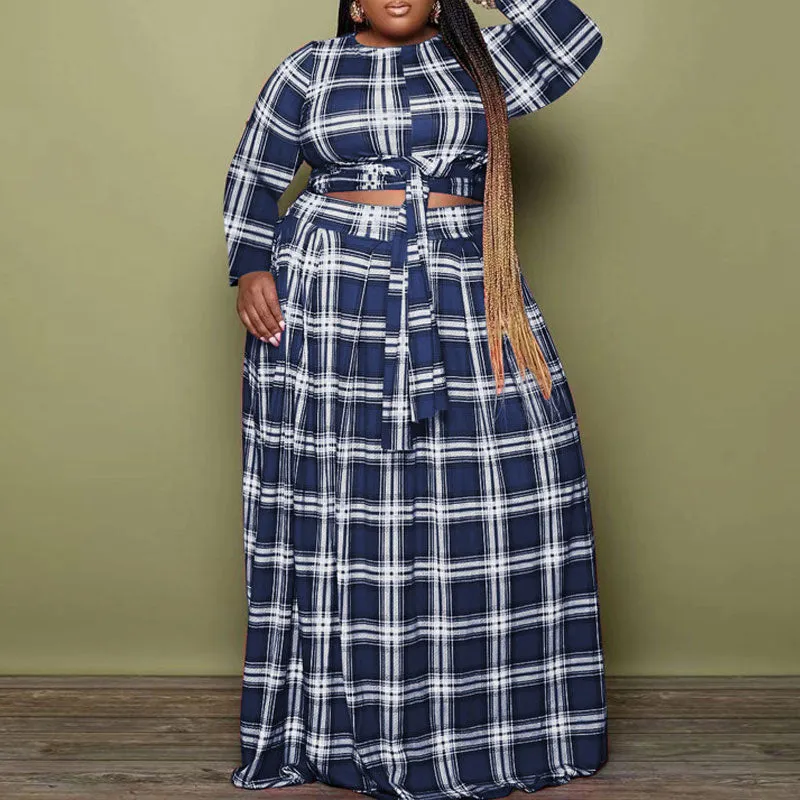 Plaid Pattern Long Sleeve Plus Size Crop Top & Skirt Set