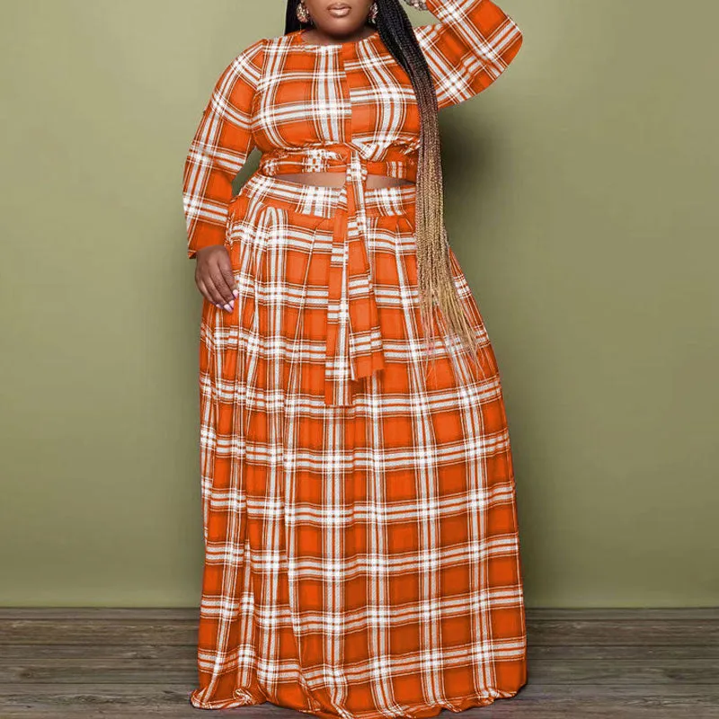 Plaid Pattern Long Sleeve Plus Size Crop Top & Skirt Set