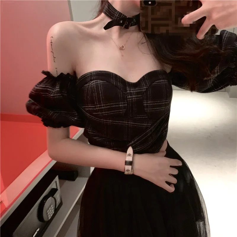 Plaid tube top   mesh skirt KF81380