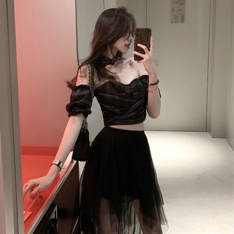 Plaid tube top   mesh skirt KF81380