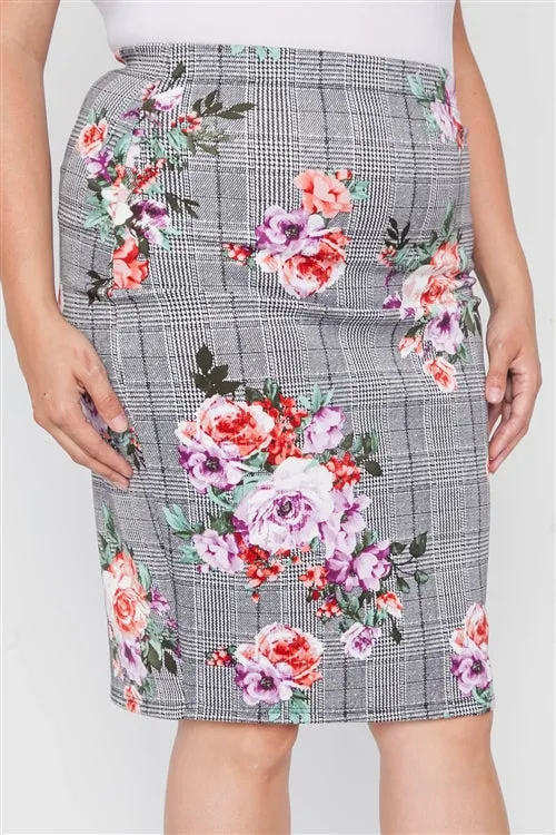 PLUS || Plaid Floral Pencil Skirt
