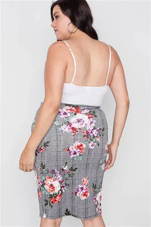 PLUS || Plaid Floral Pencil Skirt