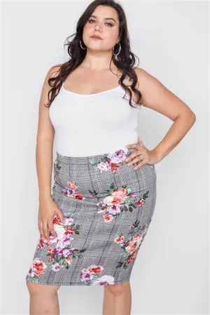 PLUS || Plaid Floral Pencil Skirt