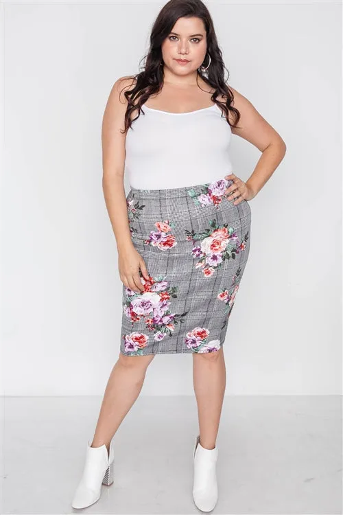 PLUS || Plaid Floral Pencil Skirt