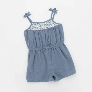 Pre-Girls Chambray Jumpsuit With Lace Trim - Blue
