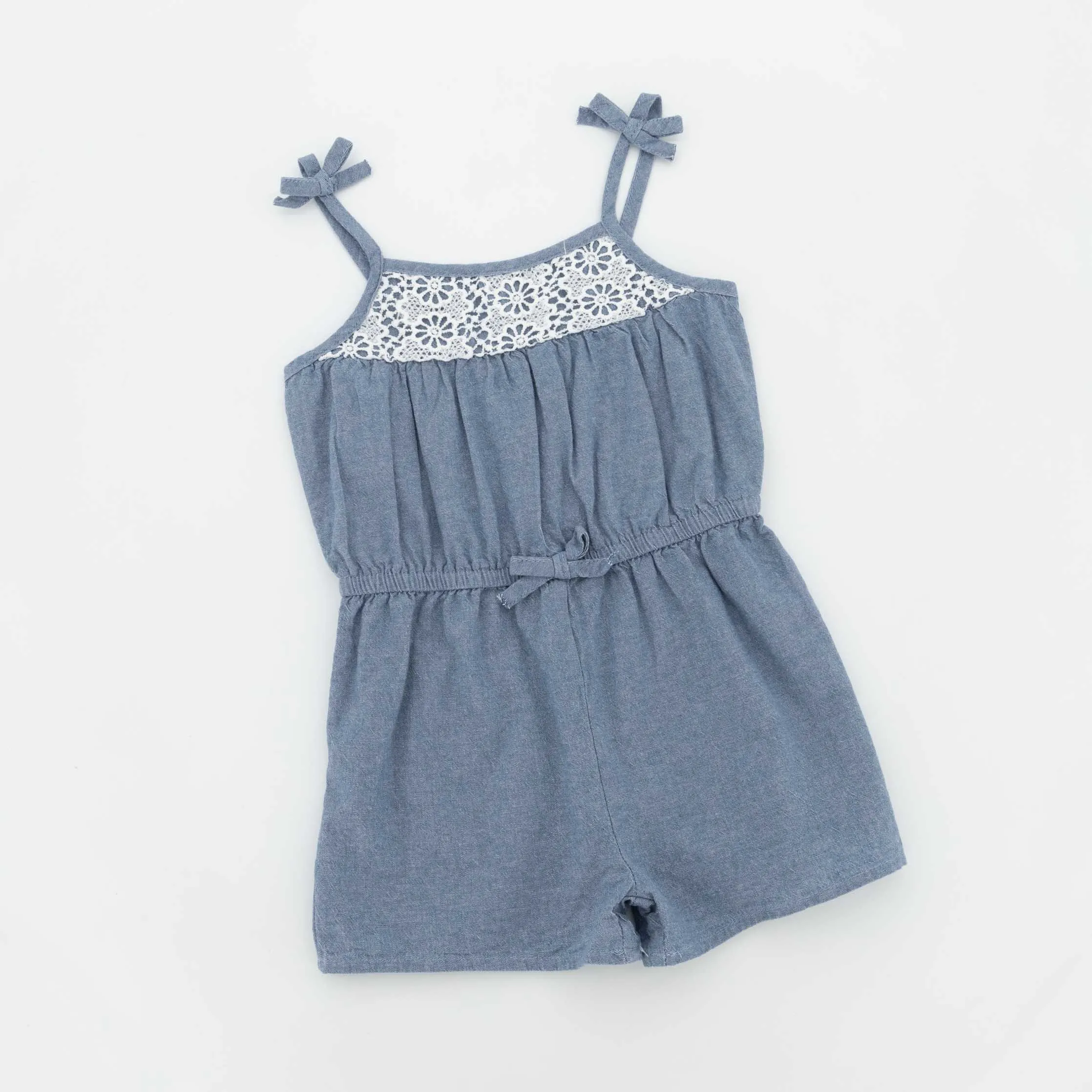 Pre-Girls Chambray Jumpsuit With Lace Trim - Blue