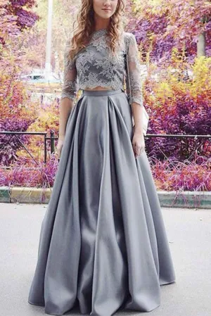 Precious Best Modest Half Sleeves Two Lace Crop 2 Pieces Sexy Prom Dress