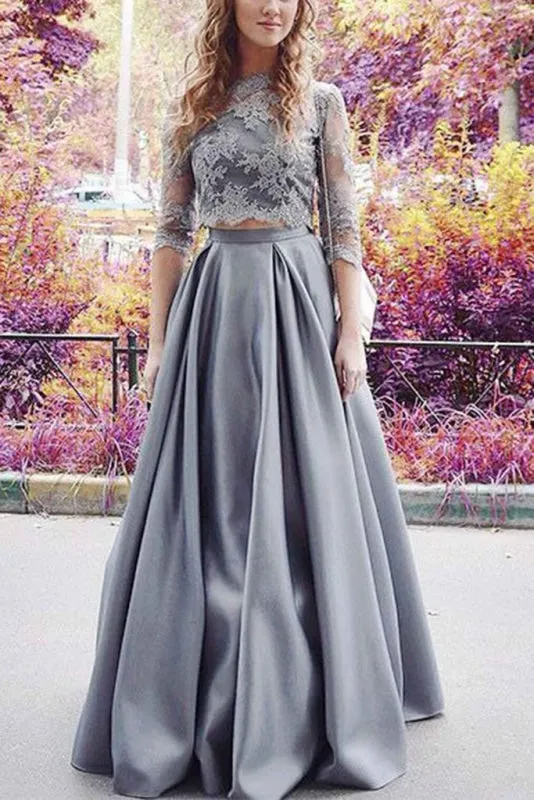 Precious Best Modest Half Sleeves Two Lace Crop 2 Pieces Sexy Prom Dress