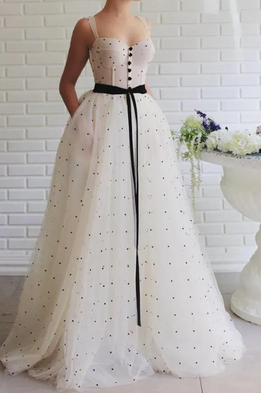 Princess White Tulle A-line Sweetheart Prom Dress With Sash