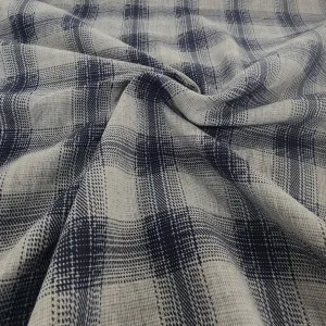 Printed Check Rayon Linen Fabric 150cm Blue/Grey