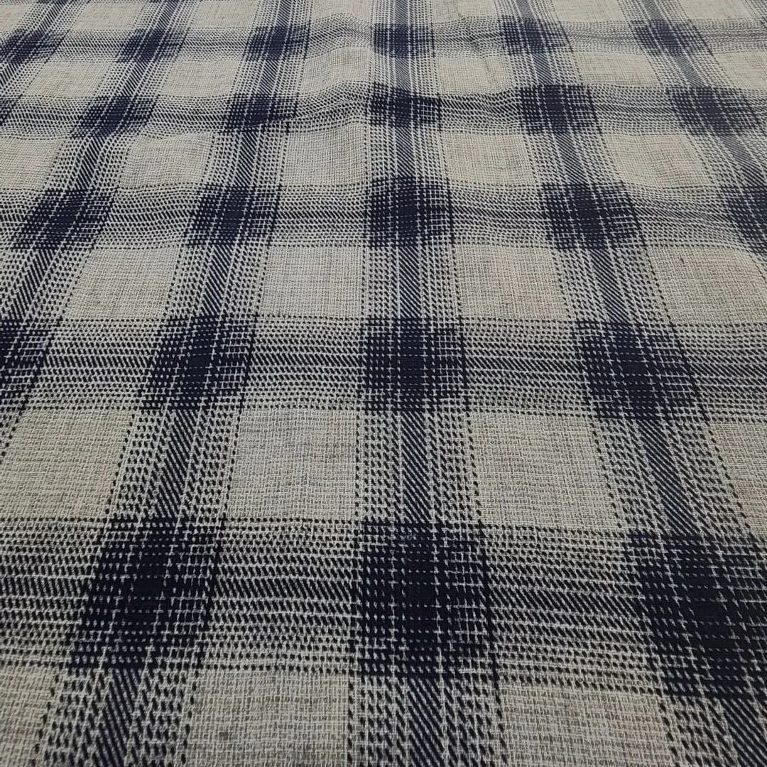 Printed Check Rayon Linen Fabric 150cm Blue/Grey